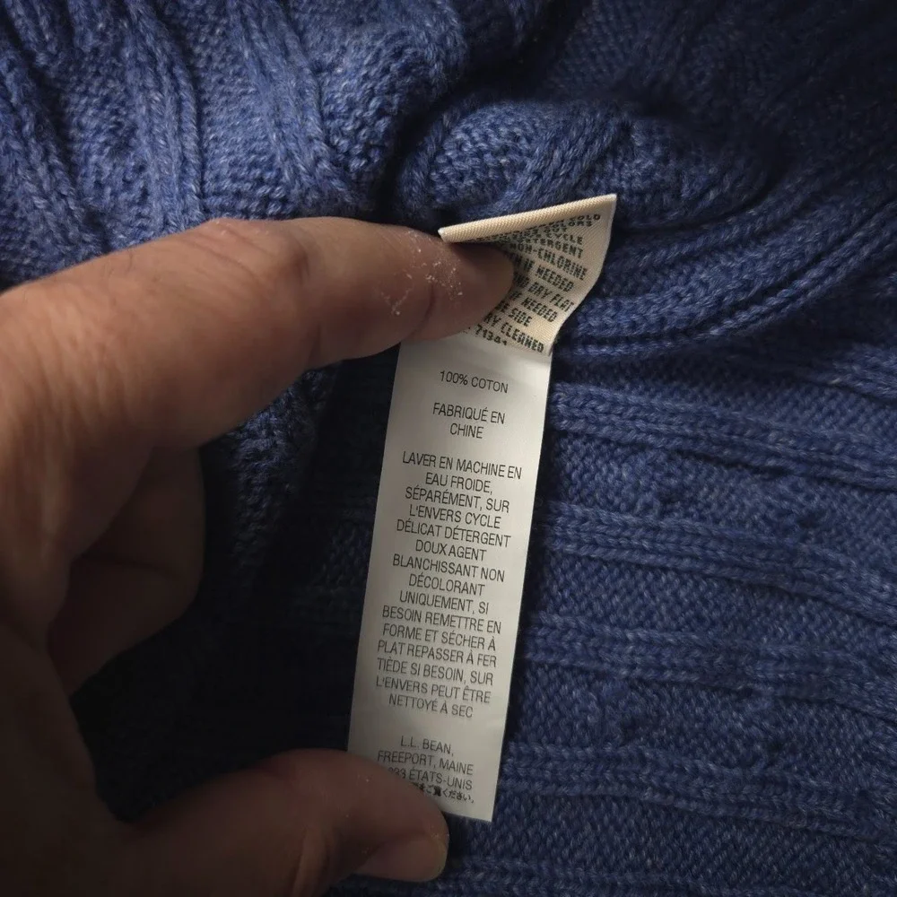 L.L.Bean Double L Sweater Women L Cotton Cable Knit Shawl Collar Blue NWT